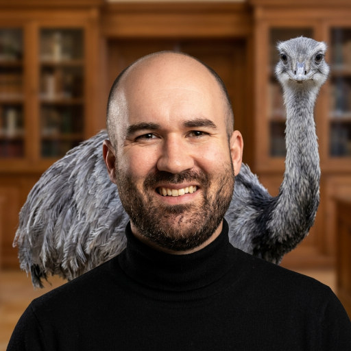 Example headshot with a greater rhea, at true scale